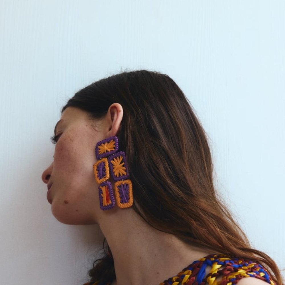 ZARA Colorful Woven Raffia Oversized Drop Dangle Earrings 4340/204 NEW - Picture 3 of 6